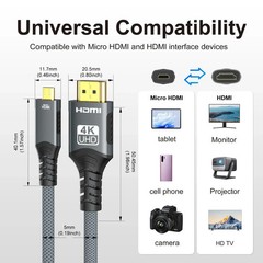 4K@60Hz Micro/Mini HDMI to HDMI Cable Braided 18Gbps Camera Monitor Cord USA