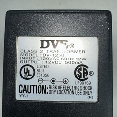 DVE DV-1250 12VDC 500mA AC/DC Power Adaptor Class 2 Transformer