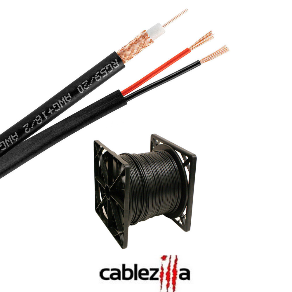 RG59 Siamese Coaxial Cable 20AWG 18/2 CCTV Security Camera Bulk Wire Black 500FT
