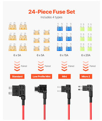 Fuse Tap, 24 Packs, 4 Types 12V Car Add-A-Circuit Fuse Tap Adapter Standard Mini