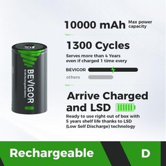 BEVIGOR Rechargeable D Batteries, High Capacity 10000mAh NiMH D Cell Batterie…