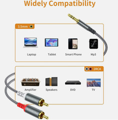 MCSPER 6.6ft 3.5mm to 2-RCA Audio Cable Hi-Fi Stereo Aux Splitter Cord FAST SHIP