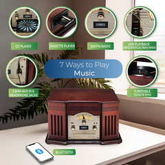 ClearClick All-in-One Turntable w/ Record Player CD Cassette Radio CD Aux USB BT