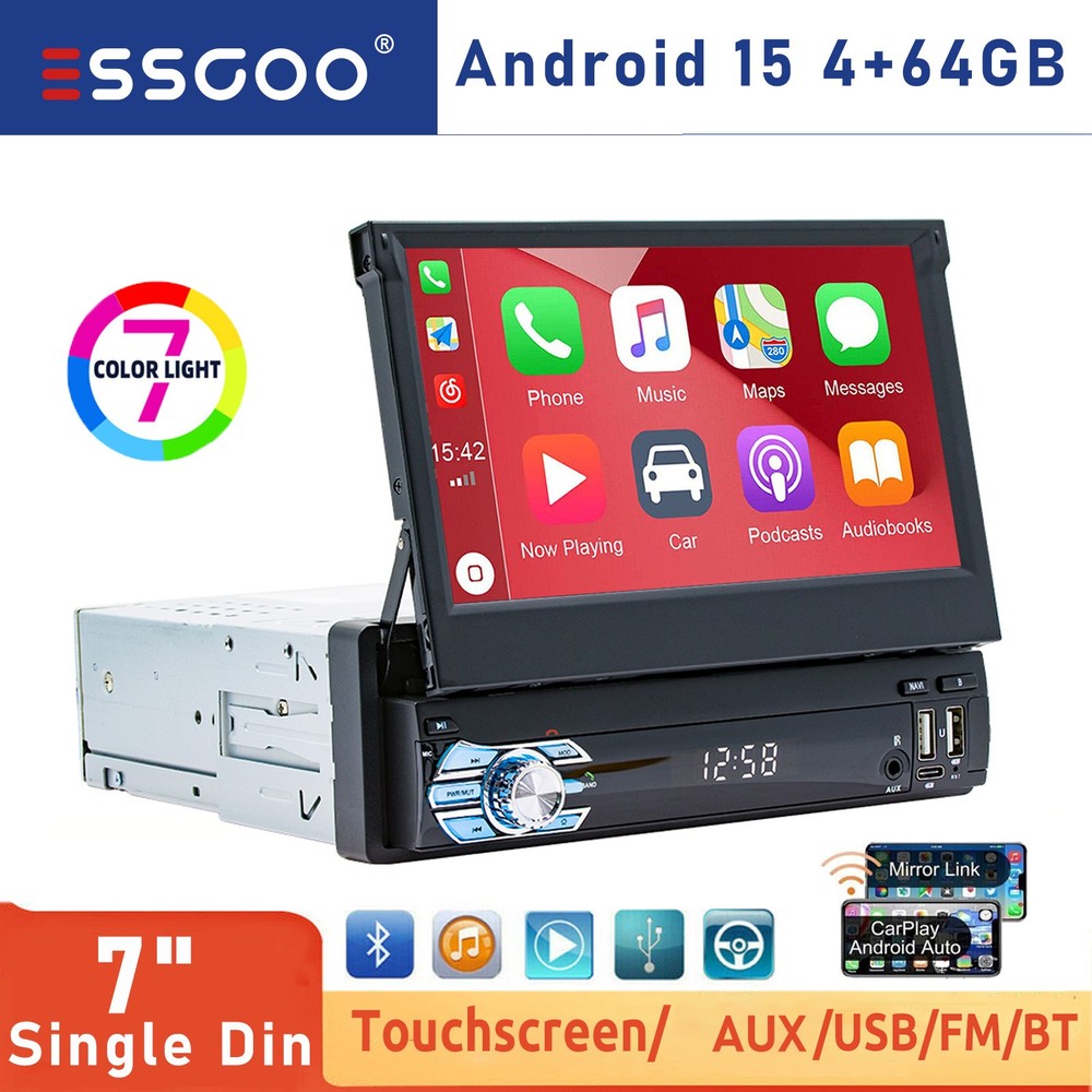 4+64GB Single 1DIN 7″ Car Stereo Radio Apple Carplay Android 15 GPS Retractable
