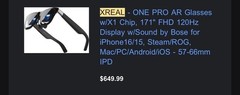 XReal One Pro AR Glasses w/X1 Chip, 171″ FHD 120Hz Display – L (57-66 IPD)