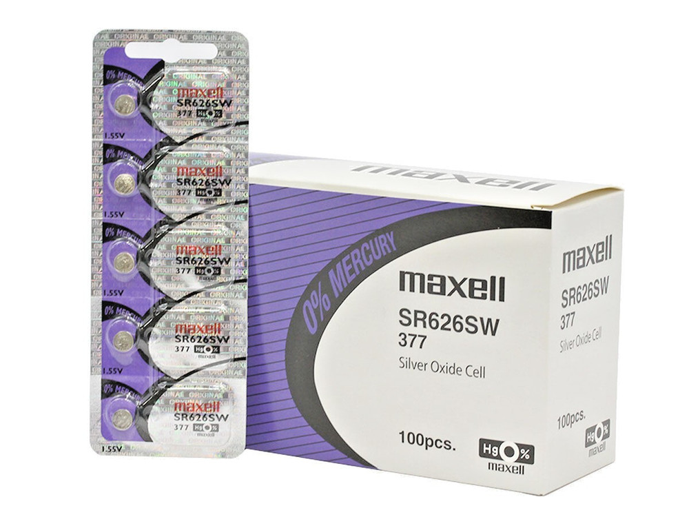 100 Maxell 377 SR626SW Watch Battery (20 STRIPS OF 5 BATTERIES) EXP 2028