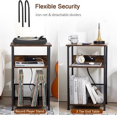 Rustic Vinyl Record Player Stand with Charging Station – 3-Tier Storage Table