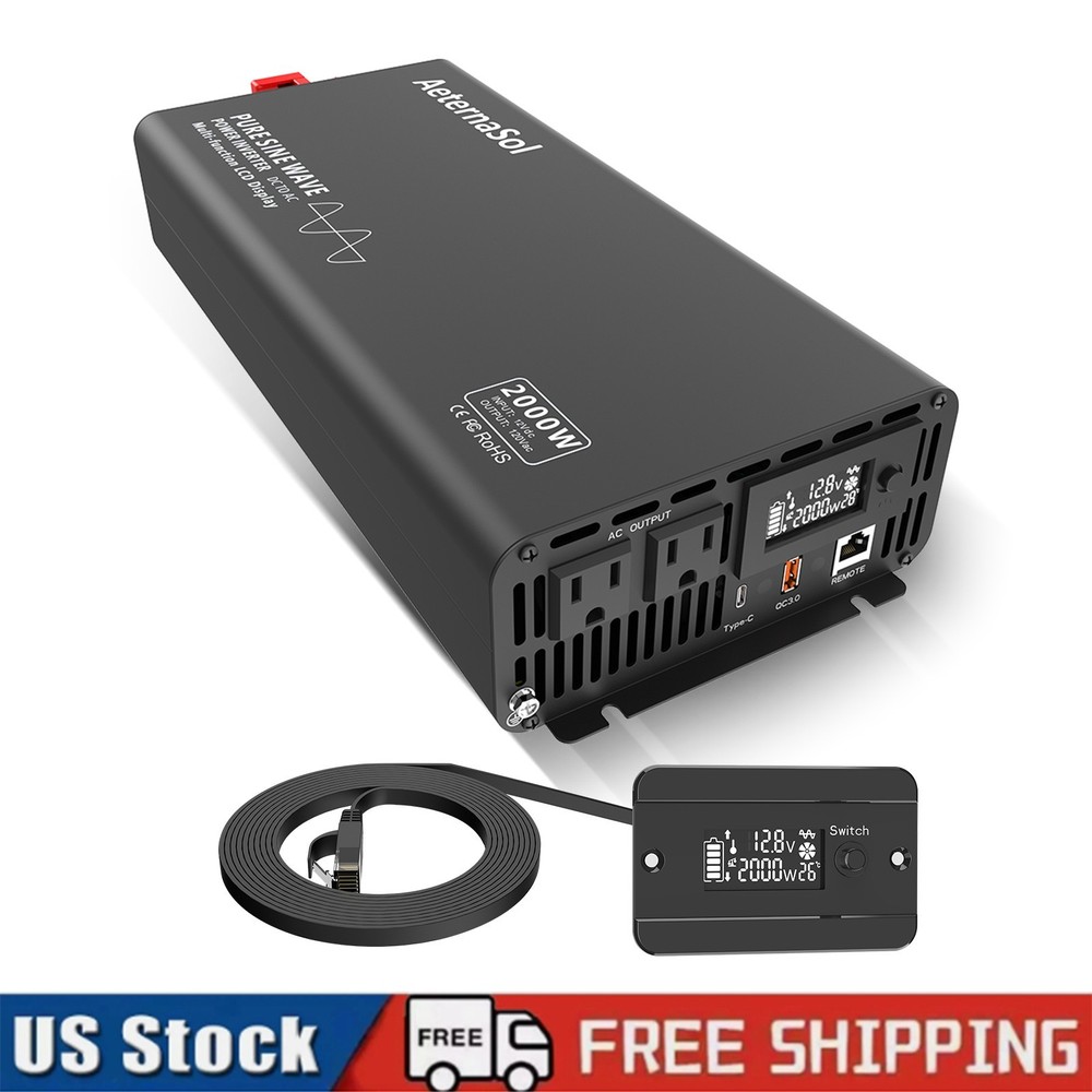 2000W 4000W Pure Sine Wave Inverter 12V DC to 120V AC Converter Remote Control