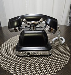 PF Products Retro Corded Push-Button Desk Telephone Black/Silver Redial Flash