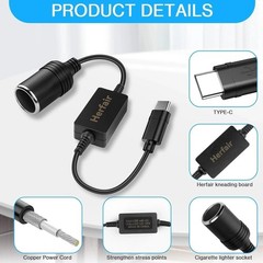 USB C Male to 12V Car Cigarette Lighter Socket Female Converter Adapter Power Ca