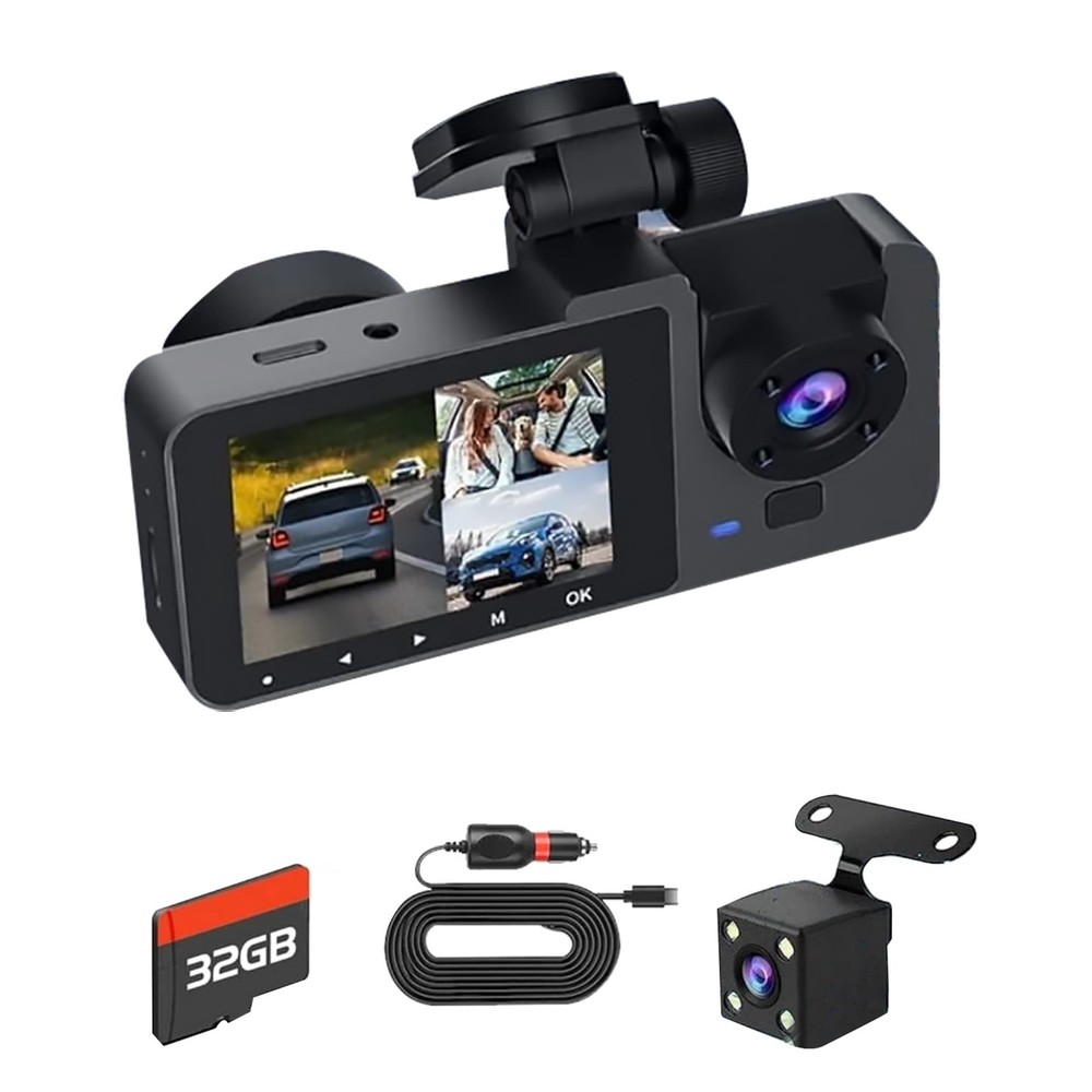 Dash Cam 3 Channel Front Rear Inside Camera with 32GB Memory Card WiFi G-Sensor