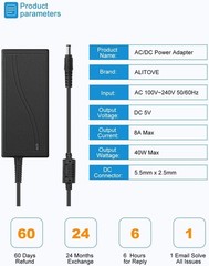 5V 8A Power Supply Adapter with 5.5mm x 2.5mm DC Plug for LED Lights