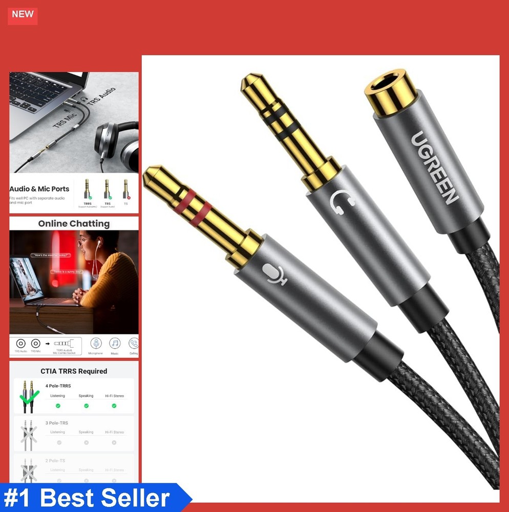 3.5mm Headphone Splitter 2 in 1 Audio Adapter for PC Laptop Gaming Headset Mic