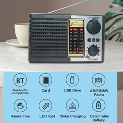 Solar Radio Portable FM/AM SW Digital Bluetooth Speaker MP3 Player Rechargeable