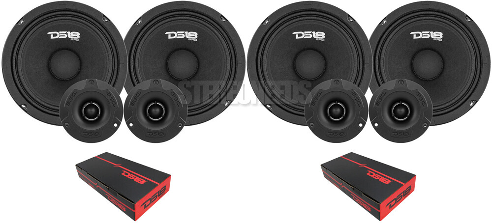 DS18 PRO-GM6.4PK2 6.5″ 1200W 4-Ohm 4 Midrange Speakers + 4 Bullet Tweeter 2-Pack