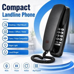 Wall Mountable Black Corded Landline Telephone Desk Phone Home Office Wired
