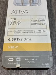 NEW & SEALED! ATIVA C/B USB 2.0 Cable 6.5 FT (2.0m) USB-C Printer 725-……….