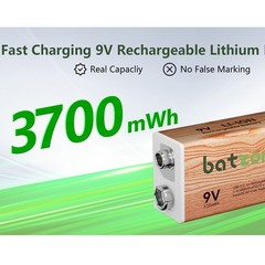 2 Pack 3700mWh 9V Rechargeable Lithium ion Battery With USB-C Type-C Battery