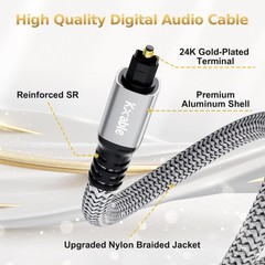 Kxable Optical Audio Cable 20 FT, Digital Cable, Toslink 20FT, Grey