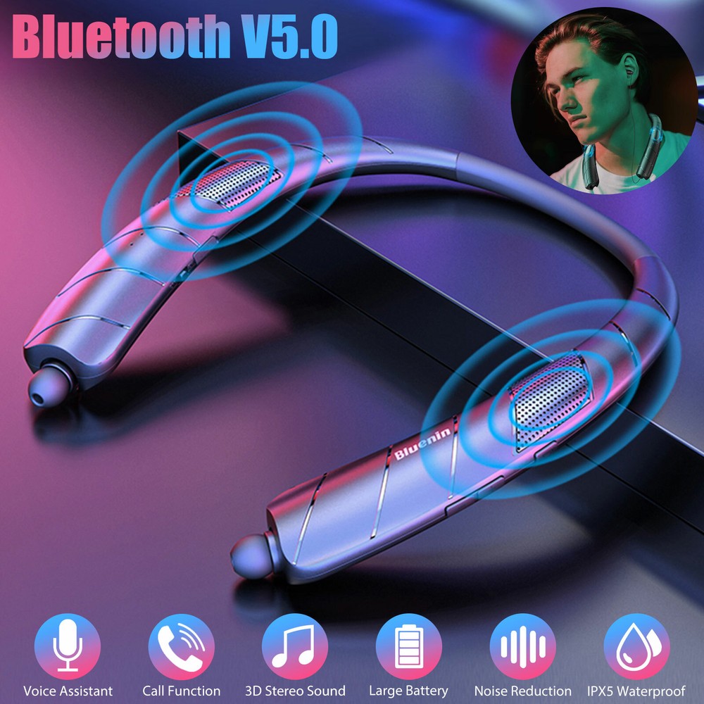 Bluetooth Neckband Wireless Earbuds Speaker Headset Stereo Earphones Retractable
