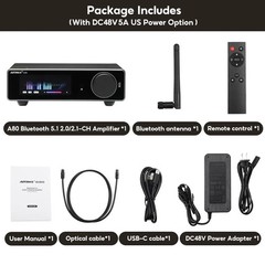 Aiyima A80 Stereo Amp, 48V 10A Bluetooth 5.1 Home Audio Hi-Fi Power Amplifier