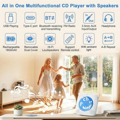 Portable Bluetooth CD Player with 1800mAh Battery, Wall Mountable, FM Radio, Spe