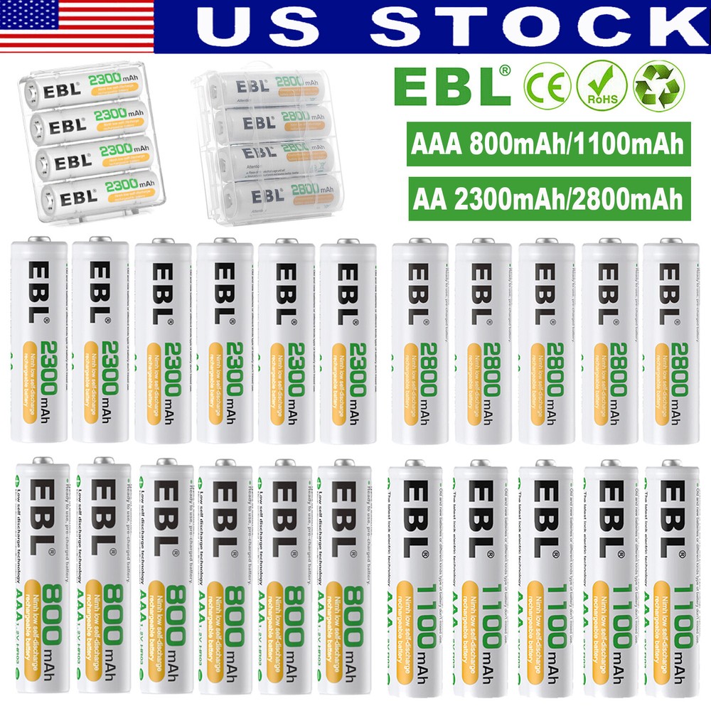 Lot EBL AA AAA Rechargeable Batteries Ni-Mh 2800mAh 2300mAh 1100mAh 800mAh + Box