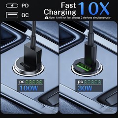100W Car Charger Fast Charger 2-in1 USB C Cigarette Lighter Adapter Pull Ring