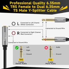 2-Pack 1/4 inch TRS Stereo 2 Pack, 6.35mm Female to Dual Male