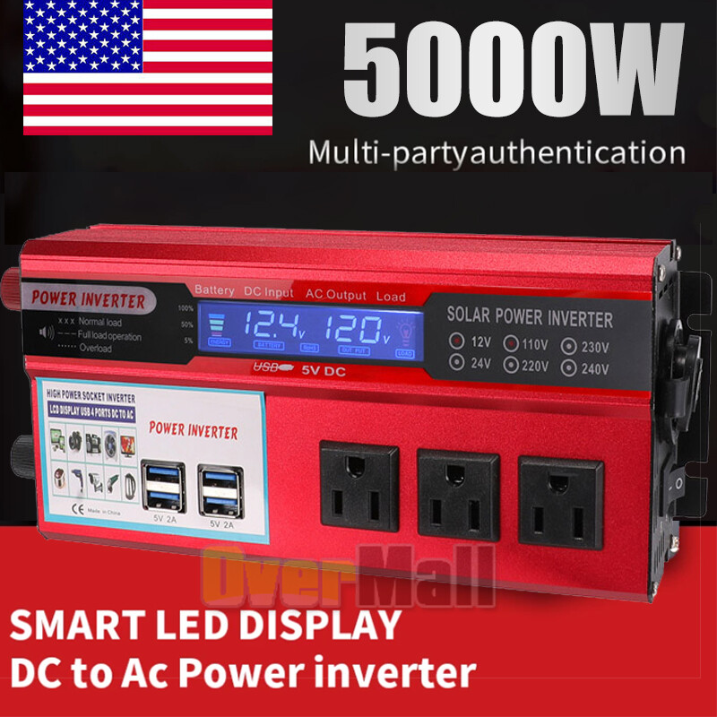 5000W Pure Sine Wave Inverter 12V DC to 110V AC Power Inverter Solar Converter
