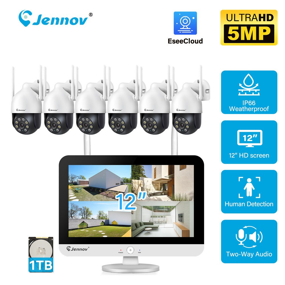 JENNOV Wireless Security Camera System Audio 10CH WIFI NVR 5MP CCTV Kit 1TB HDD
