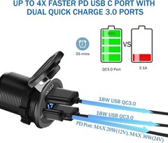 12V-24V PD+QC3.0 Dual USB Car Fast Charger Power Socket Outlet LED Voltmeter Lot