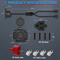 125V 15A AC Power Inlet Port Plug Car Plug 20″ Extension Cord for RV Camper