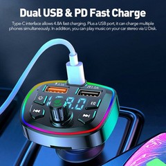 Wireless Bluetooth 5.0 Car Hands-Free FM Transmitter Adapter Dual USB PD Charger