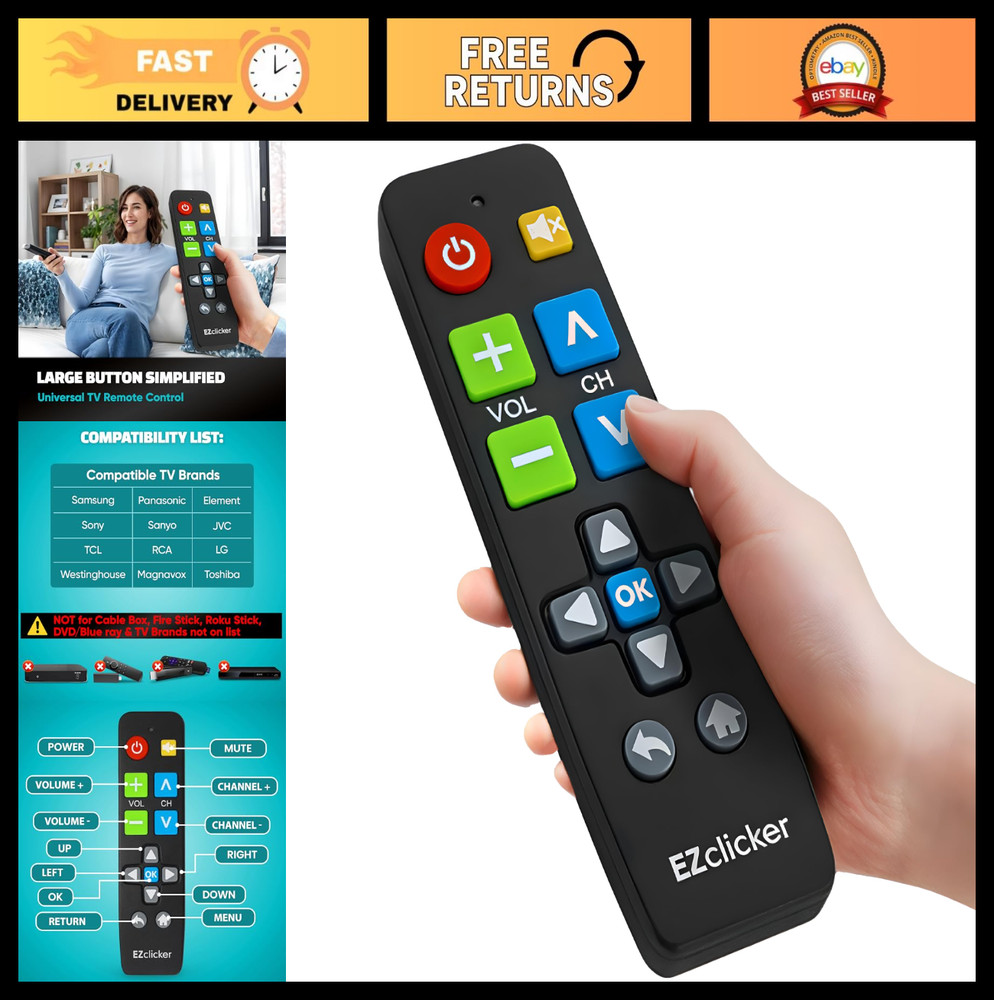 Universal Big Button TV Remote – Easy to Use, Ideal for Seniors, Compatible with