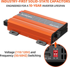 2080W Pure Sine Wave Inverter, 12V DC to 110V/120V AC, 6000W Peak, 5V/2.1A USB,