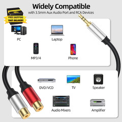 Aux to 2 RCA Cable 1Ft, RCA Female to 3.5Mm Male Cable Gold Plated 1/8 Jack Ster