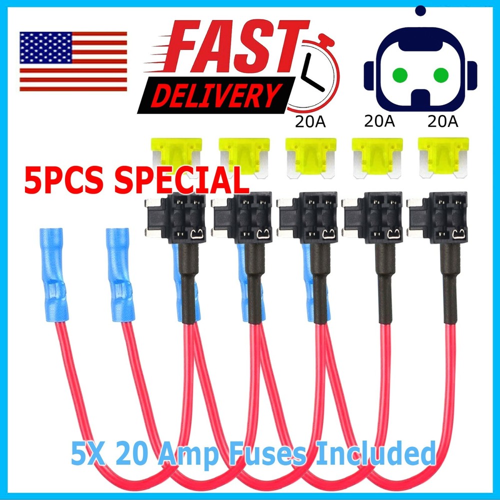 5 Pack Low-Profile Fuse Tap 20A Blade Add-A-Circuit 20AMP Adapter 20 A Amp 12V