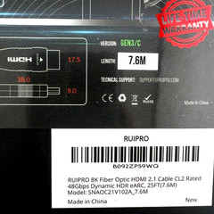 RUIPRO 8K Fiber Optic HDMI 2.1 Cable 25FT/7.6M 48Gbps 4K120Hz CL2 Rated