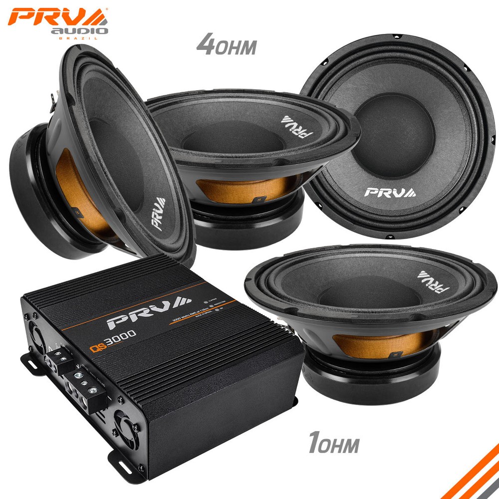 4x PRV Audio 10W650A-4 Midbass 10″ 4Ohm+ 1x QS3000 1Ohm Full Range Amp 3000W
