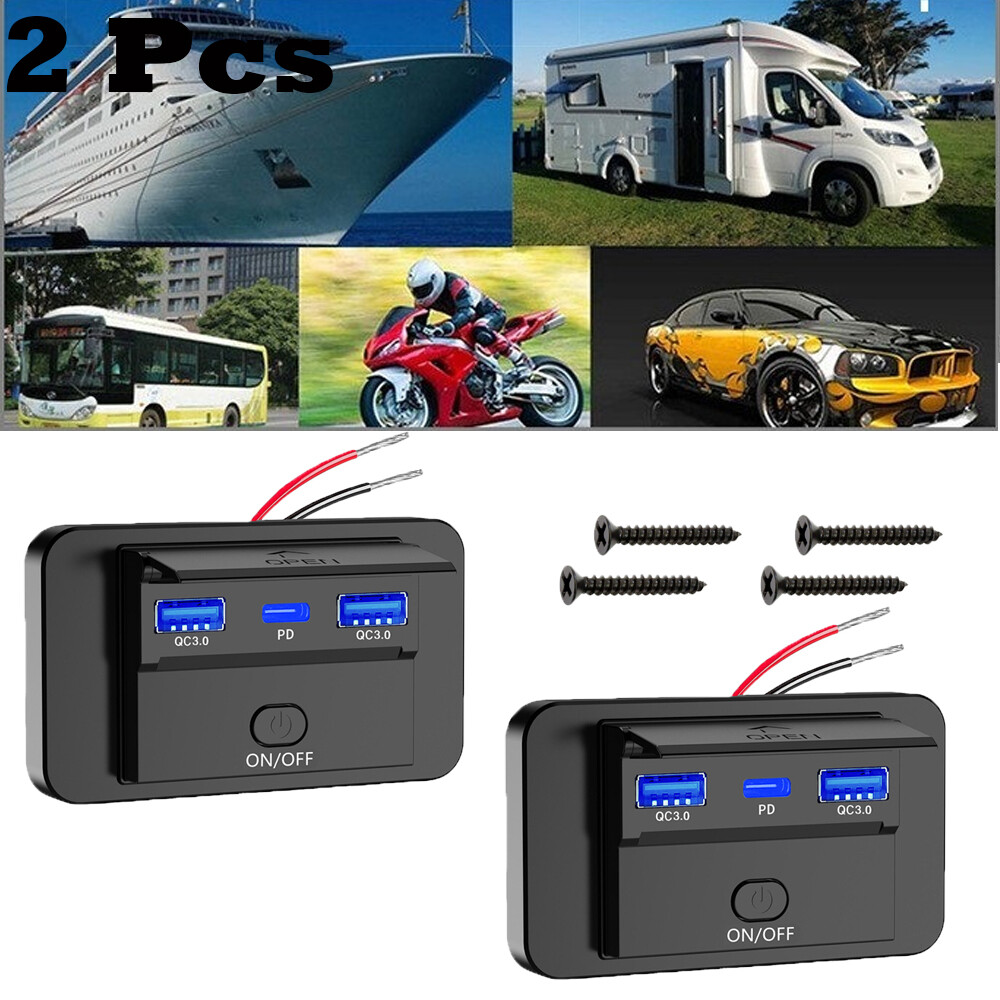 Dual USB QC3.0&PD Port Car Fast Charger Socket Power Outlet On-Off Switch 12V 2X