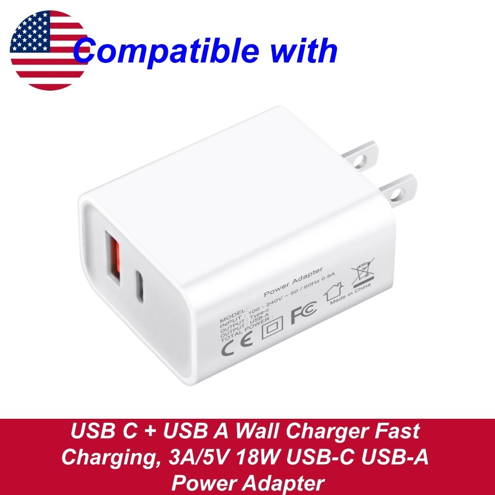 USB C + USB A Wall Charger Fast Charging, 3A/5V 18W USB-C USB-A Power Adapter