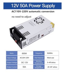 High-Power SMPS 110V/220V AC to 12V DC Converter- 50A 600W Power Supply