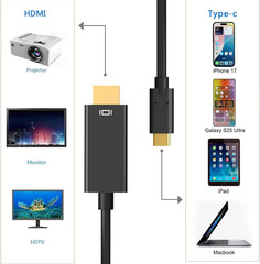 USB-C to HDMI Cable 6 ft 4K 30Hz Type C DP Alt Mode Monitor TV Adapter