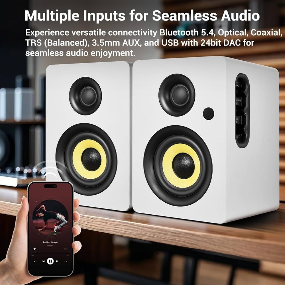 Sanyun SW206 Bookshelf Speakers 4″80W Bluetooth Optical Coaxial USB Remote White