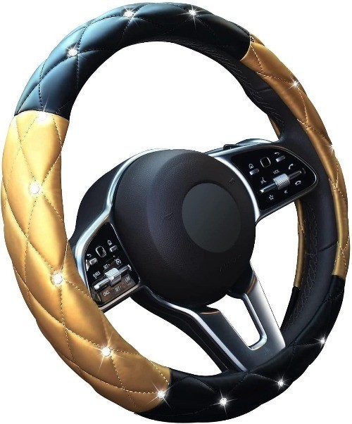 Black Gold Leather Bling Steering Wheel Cover, Anti-Slip Ste Color: Black Gold