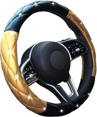 Black Gold Leather Bling Steering Wheel Cover, Anti-Slip Ste Color: Black Gold