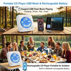 Portable Bluetooth CD Player with 1800mAh Battery, Wall Mountable, FM Radio, Spe