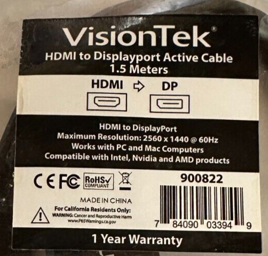 VISIONTEK HDMI to DisplayPort Active Cable 900822 1.5M Meters NEW Free Shipping!