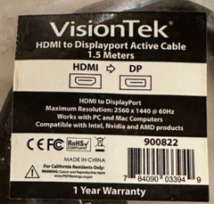 VISIONTEK HDMI to DisplayPort Active Cable 900822 1.5M Meters NEW Free Shipping!